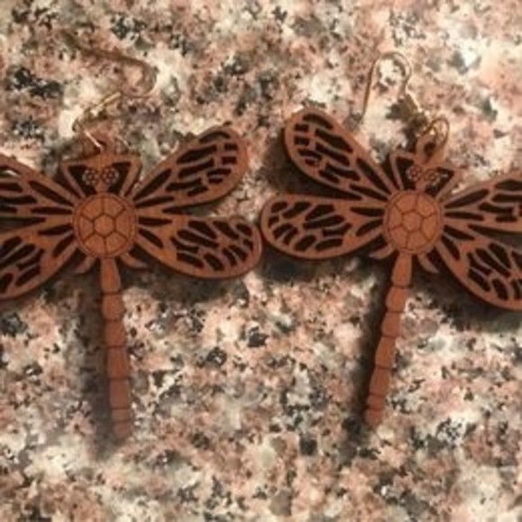 Large Wooden Carved Dragonfly Earrings With Gold Hooks - Picture 1 of 2